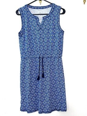 TT by Talbots Blue Star Flowers Knit Dress Sleeveless Pull Cord Waist Med Petite